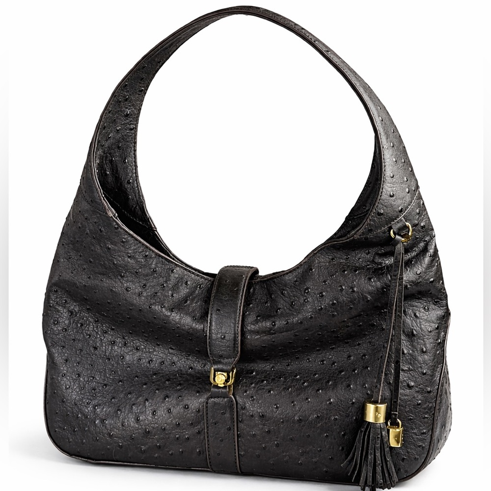 I.L.I. Got It Love It Black Leather Ostrich Embossed Hobo Bag